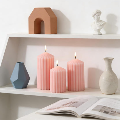 3 Pack White Ribbed Pillar Candles - Soy Wax Unscented, 2.76" x4.2/4.9/5.9 in Smokeless Non Toxic Cotton Wick, Aesthetic Modern Candles for Home Decor, Dinner Table, Living Room, Housewarming Gift