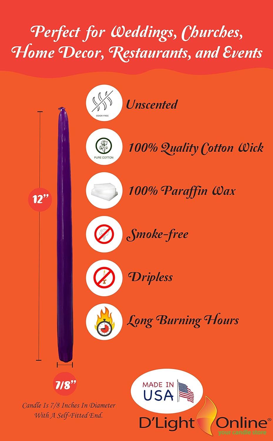 D'light Online White Taper Candles, 10 Inch Premium Quality Candles Hand-Dipped Tapered Candles, Dripless, Smokeless and Unwrapped Bulk Pack for Events - Set of 12 (10 Inch, White)
