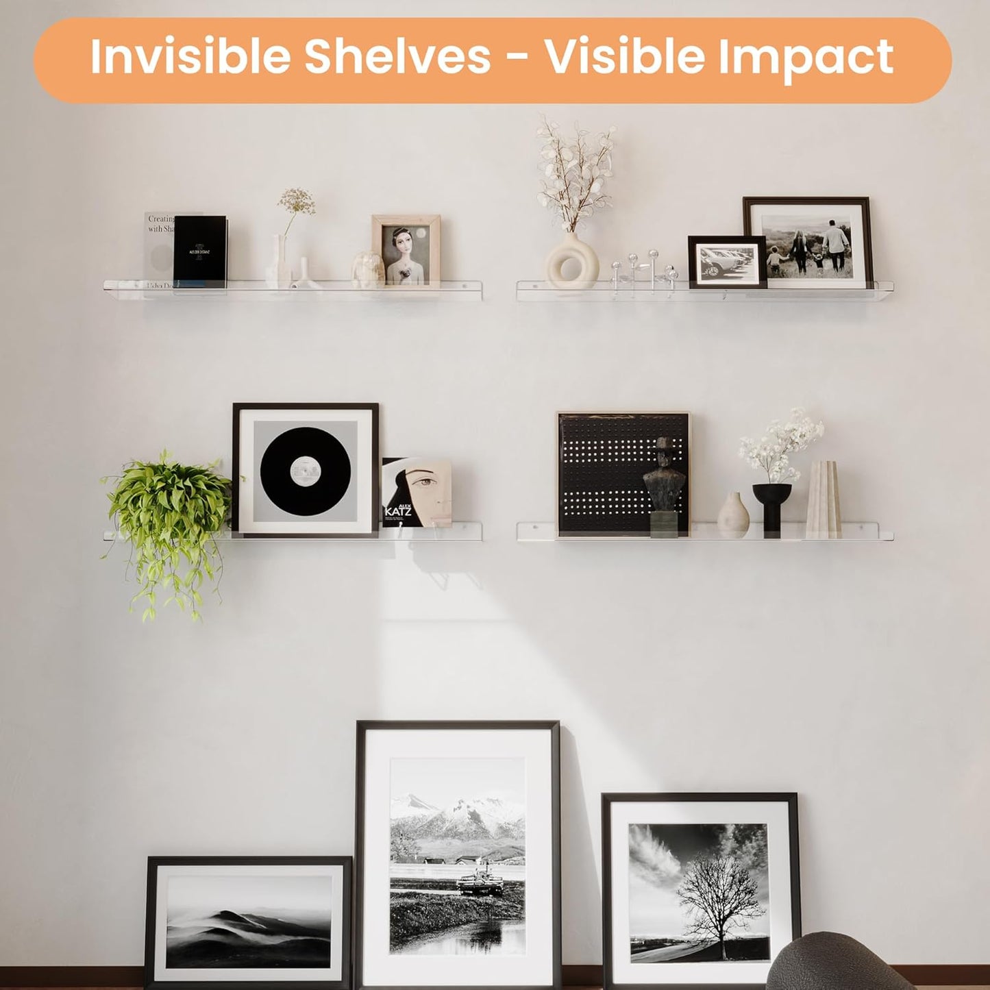upsimples 6 Pack Acrylic Shelves for Wall Storage, 15" x 4“ Floating Bookshelves for Kids, Display Shelf Organizer for Bathroom, Bedroom, Living Room, Kitchen, Room Decor, Clear