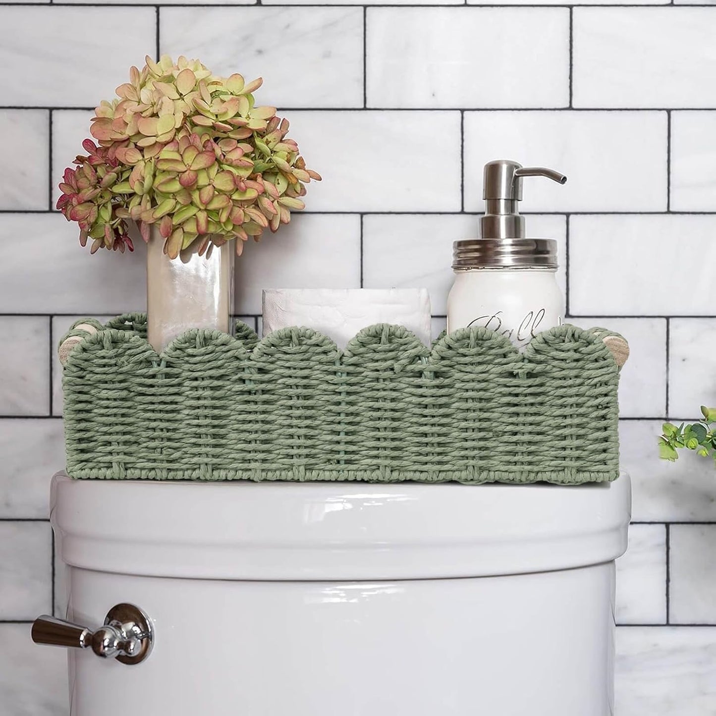 CubesLand Paper Rope Scalloped Edge Toilet Paper Storage Basket, Small Living Room, Bedroom Decor Baskets for Over Toilet Storage Shelf, End Table, Shelves and More, with 2 Wooden Handle, Neutral