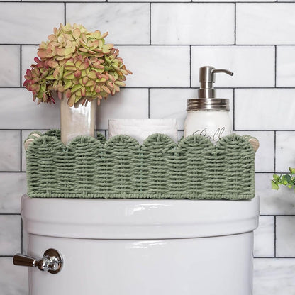 CubesLand Paper Rope Scalloped Edge Toilet Paper Storage Basket, Small Living Room, Bedroom Decor Baskets for Over Toilet Storage Shelf, End Table, Shelves and More, with 2 Wooden Handle, Neutral