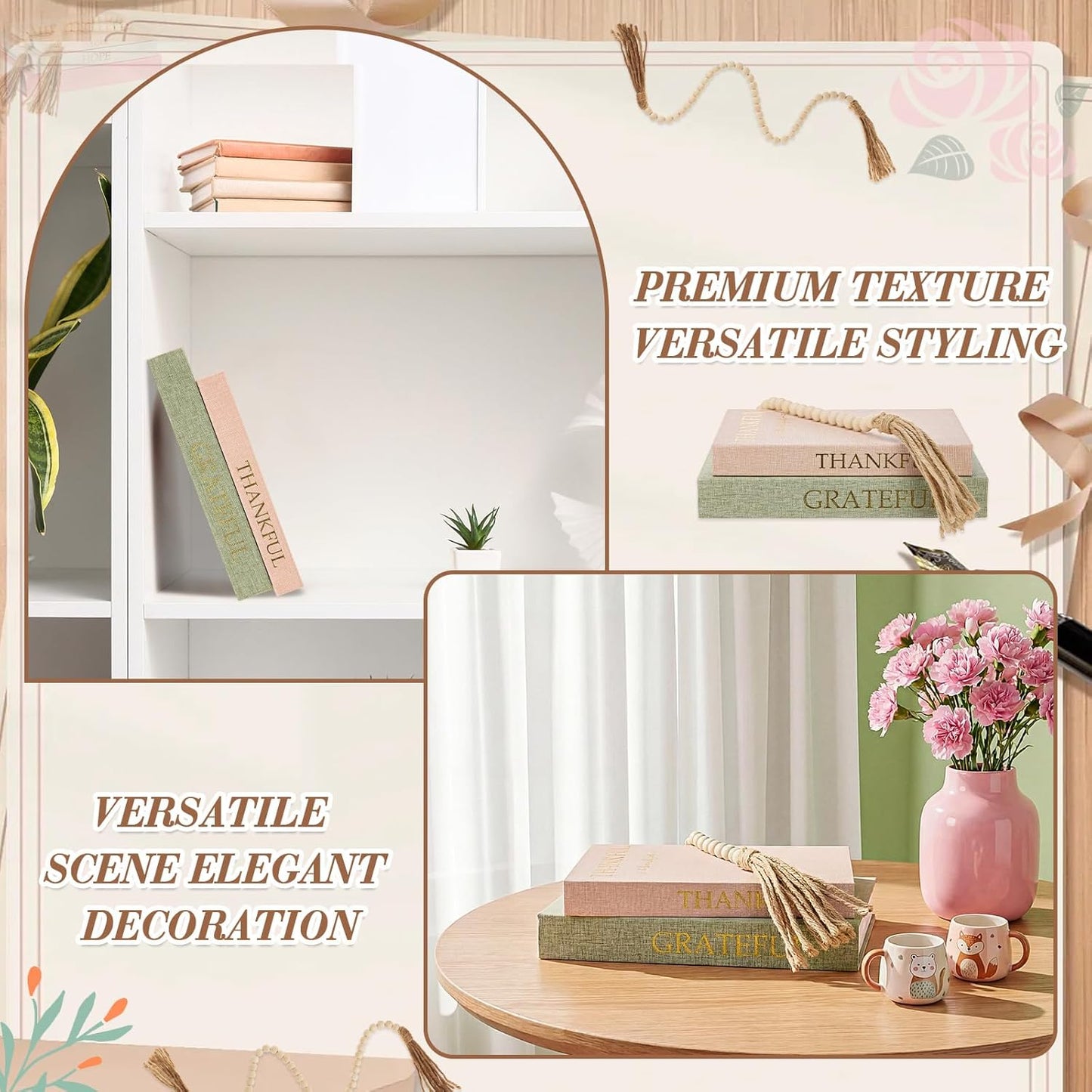 Faccito Set of 2 Linen Decorative Books with Wooden Beaded Garland Tassel Elegant Linen Books Aesthetic Gold Foil Fake Book for Coffee Table Shelf Mantel Storage Boxes(Mint Green)