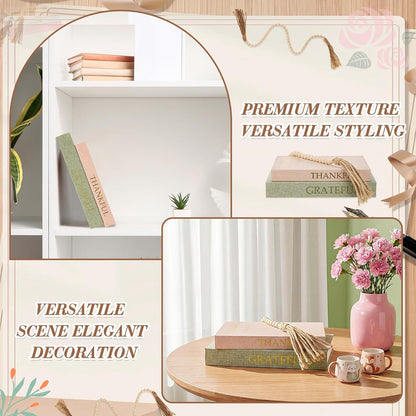 Faccito Set of 2 Linen Decorative Books with Wooden Beaded Garland Tassel Elegant Linen Books Aesthetic Gold Foil Fake Book for Coffee Table Shelf Mantel Storage Boxes(Mint Green)