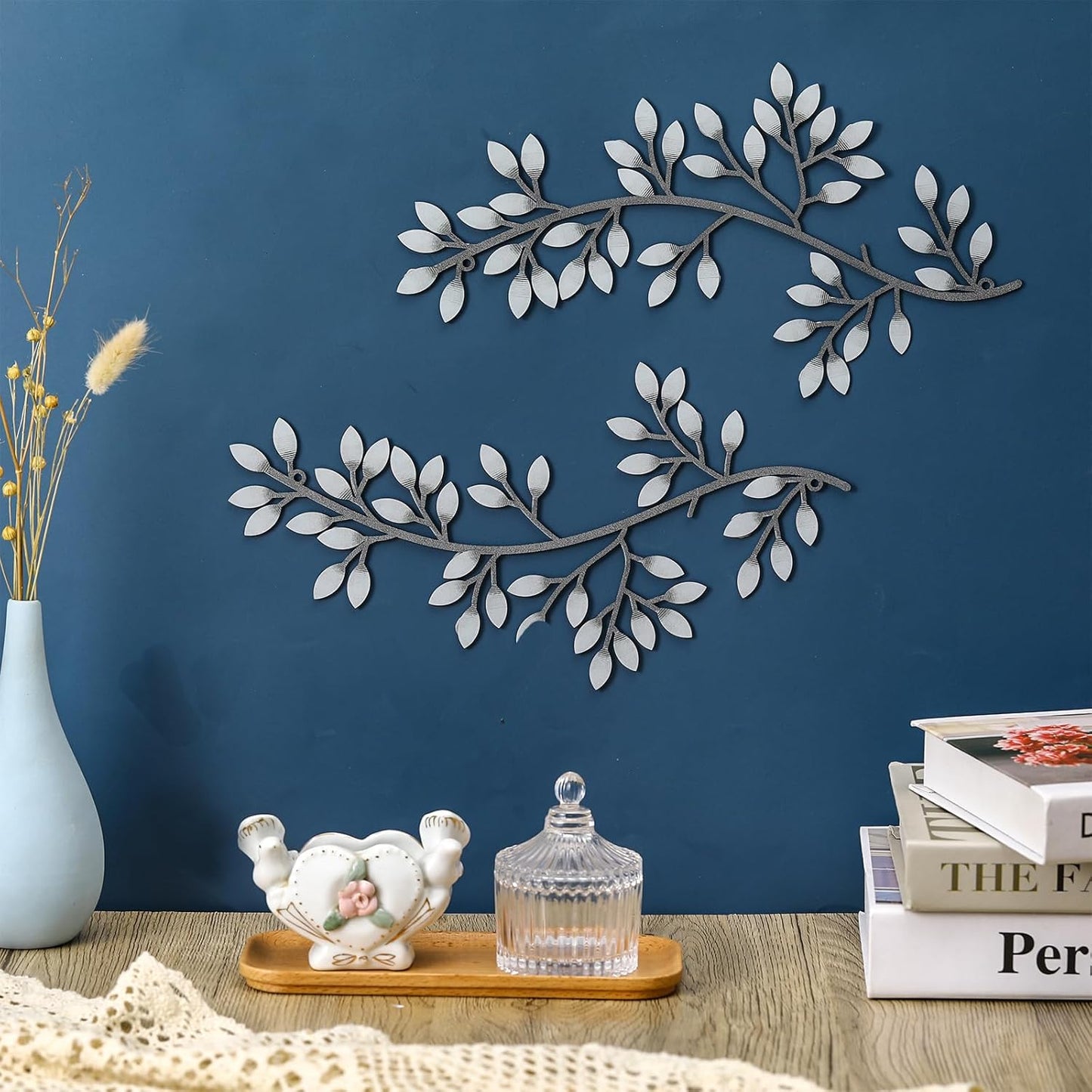 Hotop 2 Pieces Metal Tree Leaf Wall Decor Vine Olive Branch Leaf Wall Art Wrought Iron Scroll Sculptures Above the Bed, Living Room, Outdoor Decoration (Classic Style,Black)