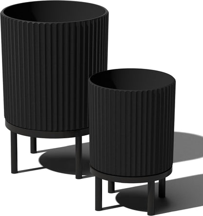 Veradek Demi Series Round Planter w/ Stand for Porch/Patio | Durable Plastic-Concrete & Wooden Stand | Modern Décor for Tall Plants, Flowers