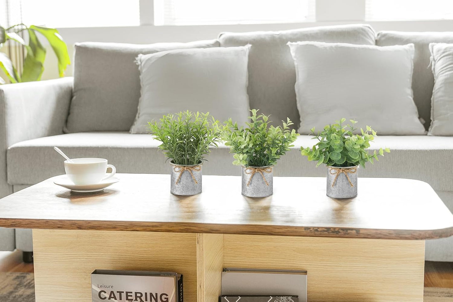 Mkono 3 Pack Small Fake Plants in Black Galvanized Metal Pots Artificial Eucalyptus Plants for Christmas Decorations Shelf Desk Home Farmhouse Room Coffee Table Bathroom Decor