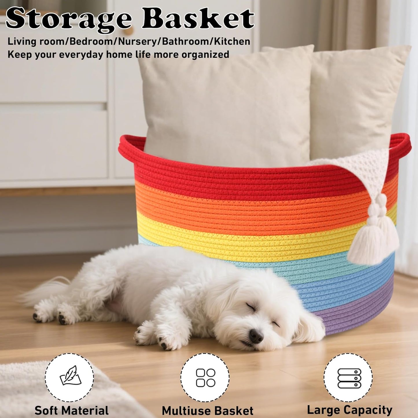 Large Woven Blanket Basket,65L Cotton Rope Laundry Basket Hamper with Handles, Decorative Nursery Basket Storage Bin for Toys, Clothes Organizer, Living Room, Bedroom, Bathroom, White & Brown