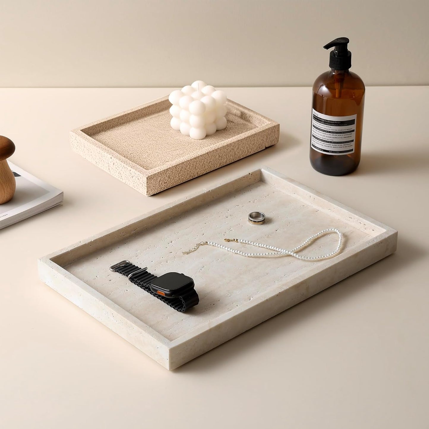 Rectangular Decorative Serving Tray,Modern Travertine Large Coffee Table Tray