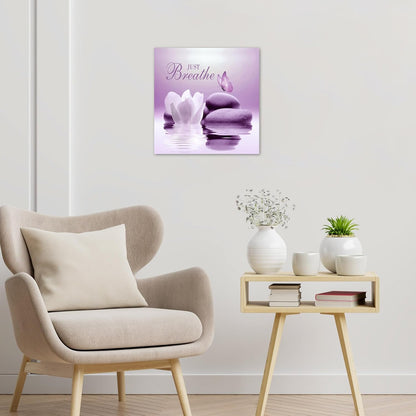 EOBTAIN Zen Flower Canvas Wall Art Bathroom Butterfly and Water Lily Stone Relaxing Spiritual Yoga Framed Wall Art Just Breathe Pictures Canvas Wall Decor for Living Room Bedroom,12x16 Inches