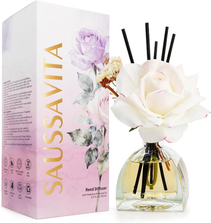 Reed Diffusers Set Flower Scented Diffuser for 140 Days, Flower Diffuser 8.5 fl oz with Dried Flowers and Decorative Rose, Long Lasting Home Fragrance with 10 Sticks for Bathroom, Shelf, Office Decor