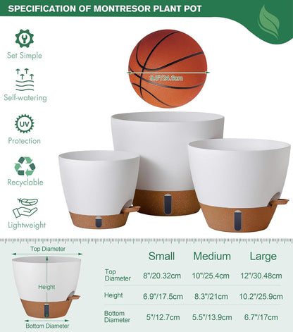 montresor 12/10/8 Inch Self Watering Pots for Indoor Plants Plastic Large Plant Pots for Outdoor Plants, Water Level Window & Spacious Reservoir Flower Pots Decorative Planter with Drainage and Tray
