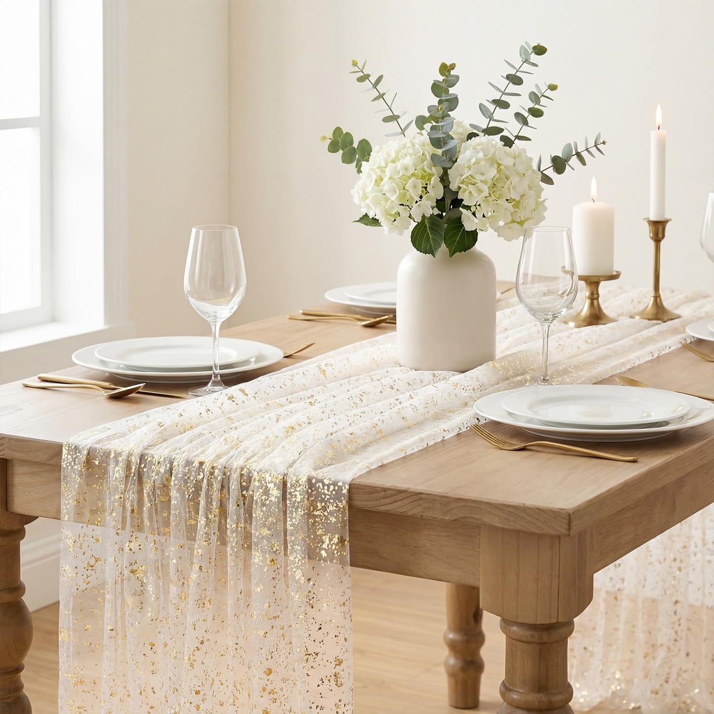Artoid Mode Beige Gold Gauze Table Runner 120 Inch 10FT, Glitter Metallic Foil Sheer Dining Wedding Anniversary Holiday Birthday Table Decor for Home Party