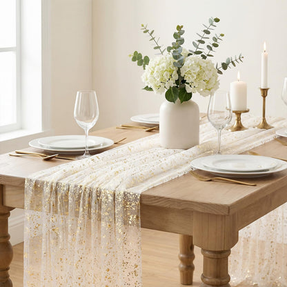 Artoid Mode Beige Gold Gauze Table Runner 120 Inch 10FT, Glitter Metallic Foil Sheer Dining Wedding Anniversary Holiday Birthday Table Decor for Home Party