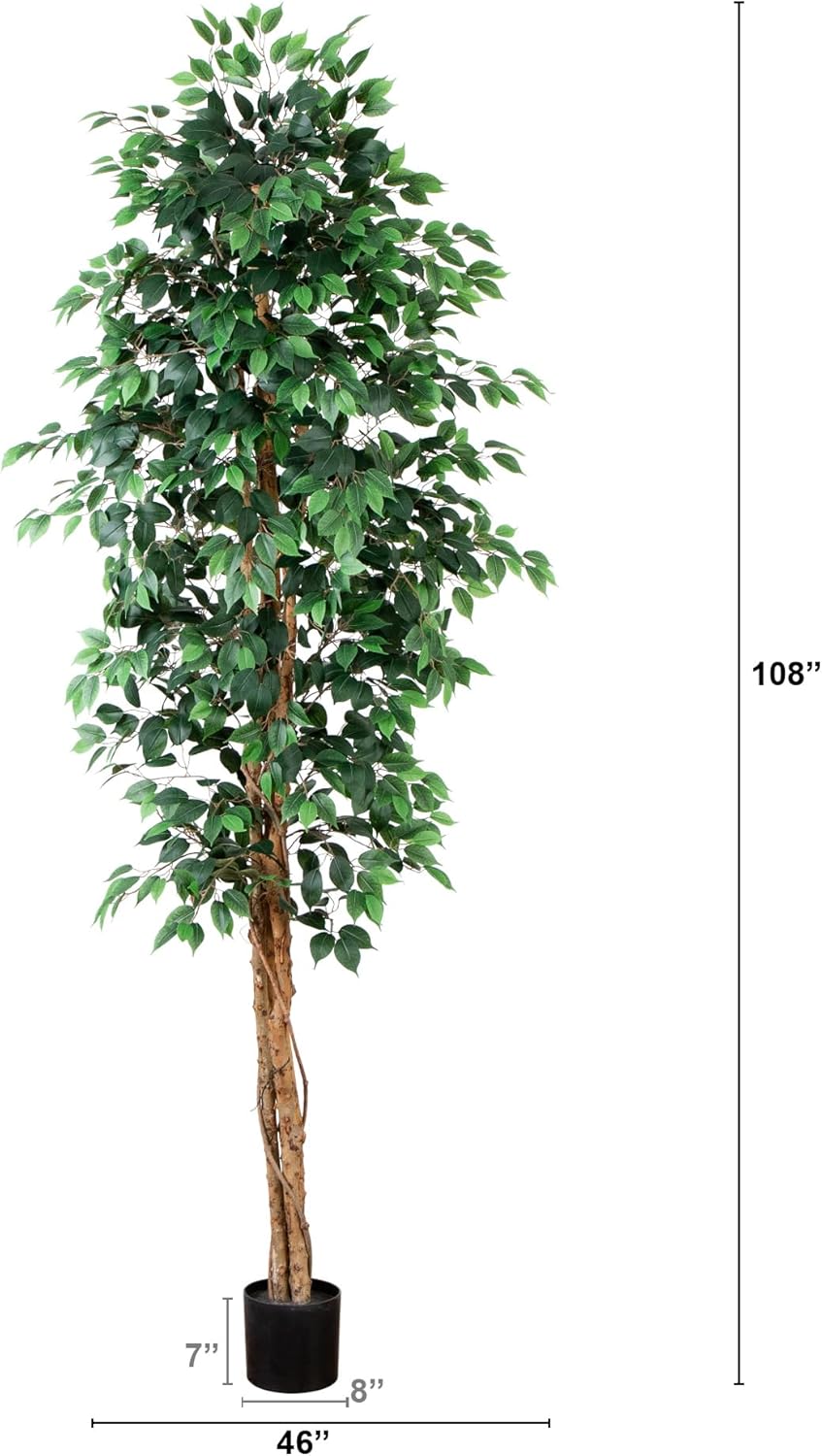Nearly Natural 4ft Triple Trunk Ficus Silk Tree with Natural Wood Trunks and Dense Foliage, Mid-Size Faux Floor Plant for Home and Office