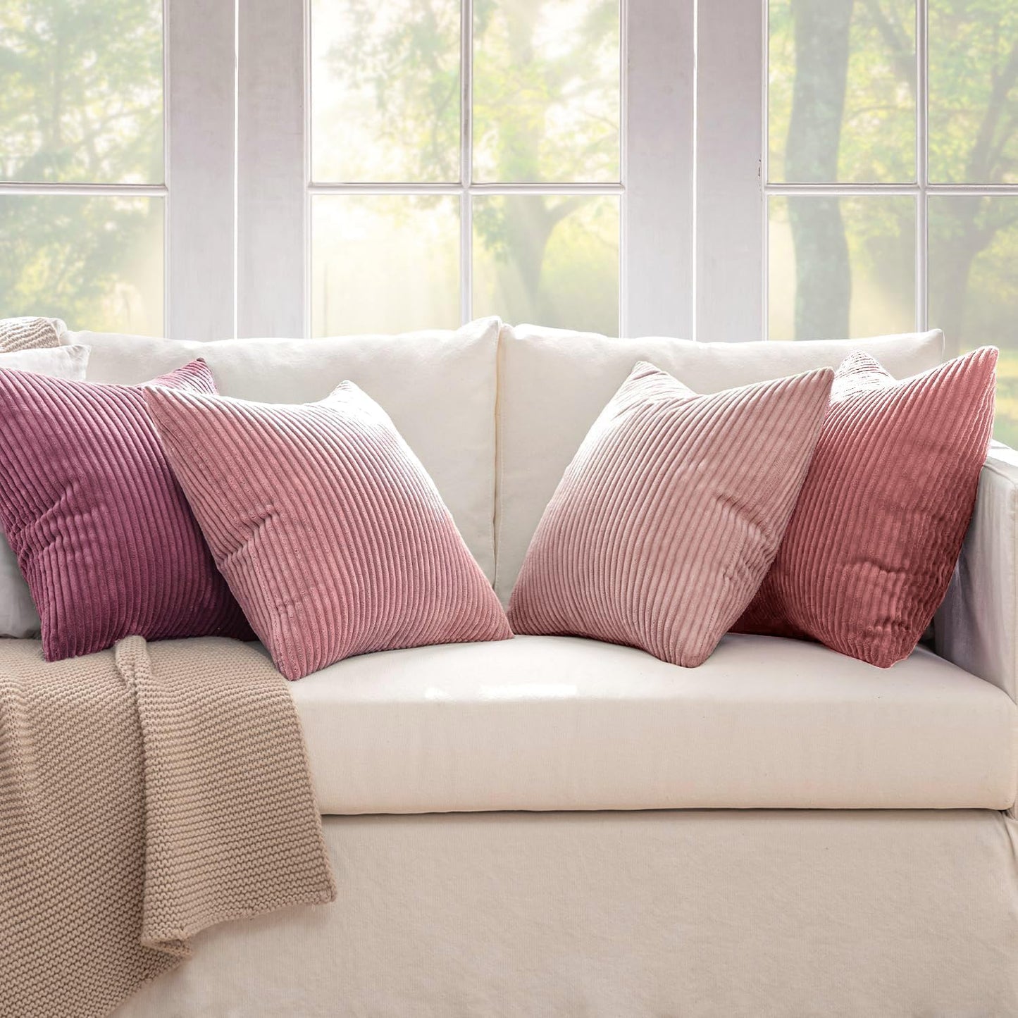 MIULEE Boho Farmhouse Sage Green Throw Pillow Covers 18x18 Inch Set of 4 Mordern Nordic Cushion Covers Soft Corduroy Spring Home Decor for Couch Bed Sofa Living Room Forest Green
