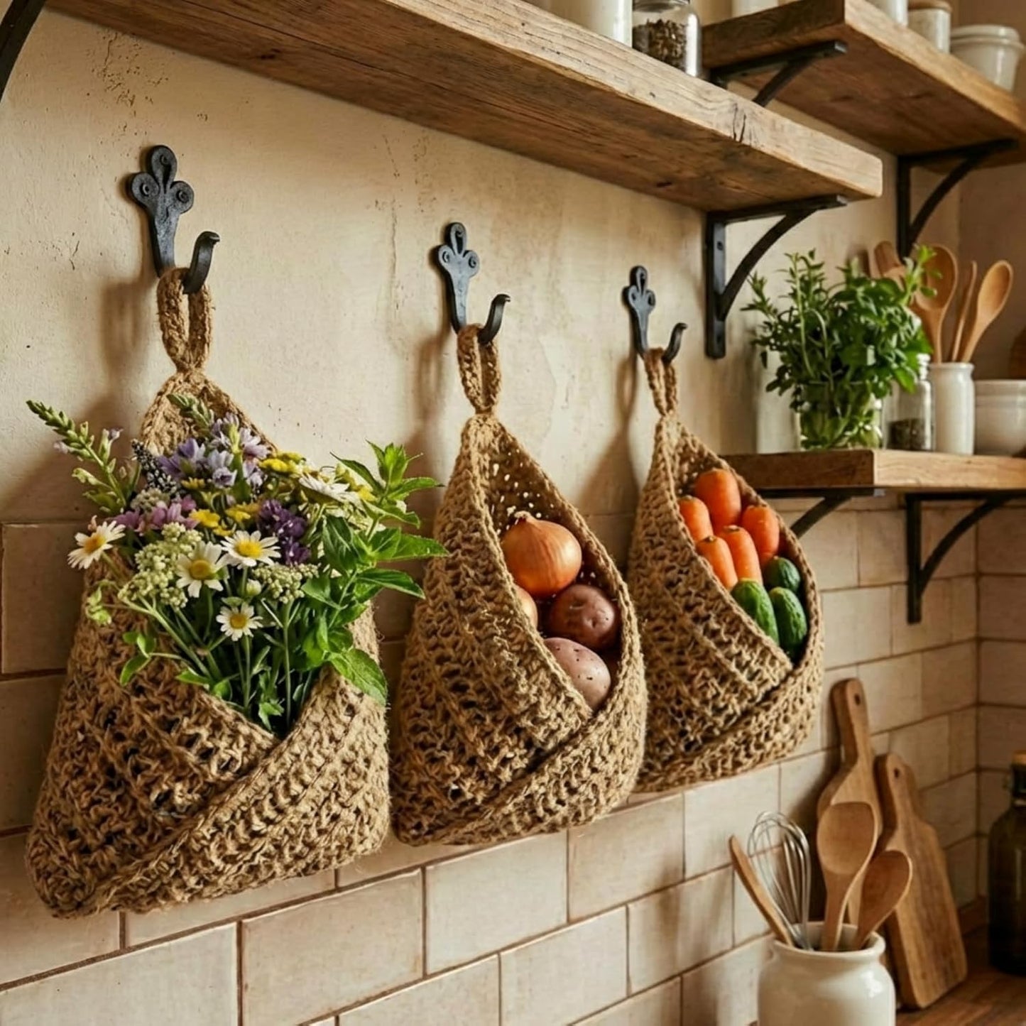 Honeydak Boho Decor Hanging Wall Baskets for Kitchen 3 Pack Teardrop Baskets with Hooks Storage Fruit Onion Vegetable Potato for Home 3 Sizes(Linen,Teardrop,Jute)