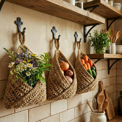 Honeydak Boho Decor Hanging Wall Baskets for Kitchen 3 Pack Teardrop Baskets with Hooks Storage Fruit Onion Vegetable Potato for Home 3 Sizes(Linen,Teardrop,Jute)