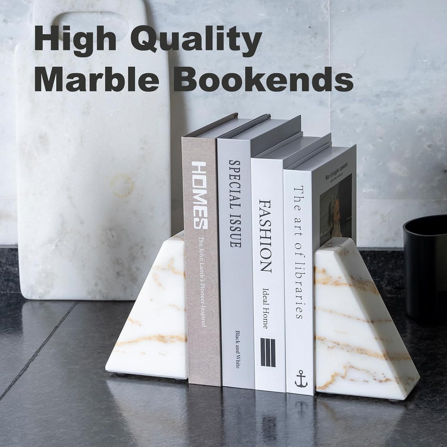 Karibiber Travertine Bookends for Heavy Books, Marble Decorative Bookends for Shelves, Heavy-Duty Stone Book Ends for Hardback Book & Cookbooks, Unique Book Stopper & Holder, Travertino Italy