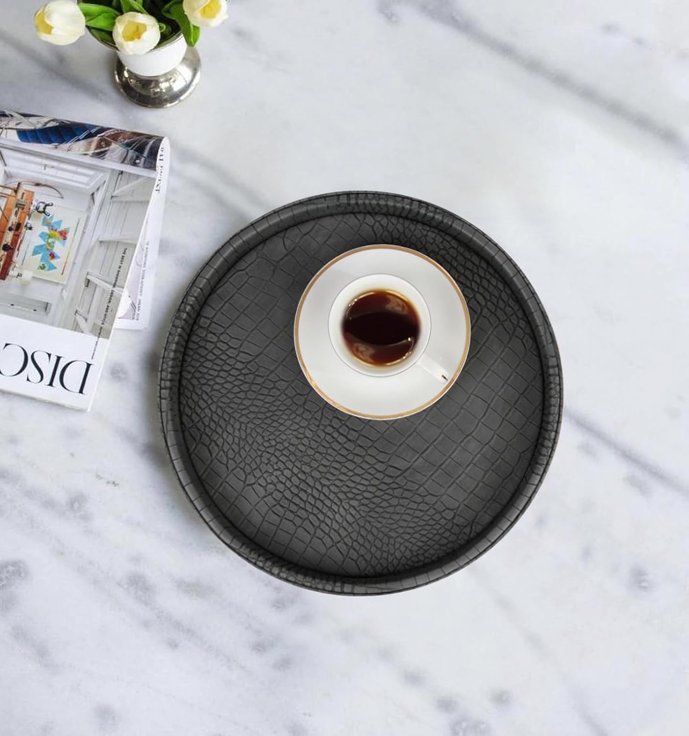 HofferRuffer Round Serving Tray 20'', Elegant Faux Leather Circle Ottoman Table Tray, Serve Tea Coffee Breakfast in Bedroom Living Room Kitchen (Brown)