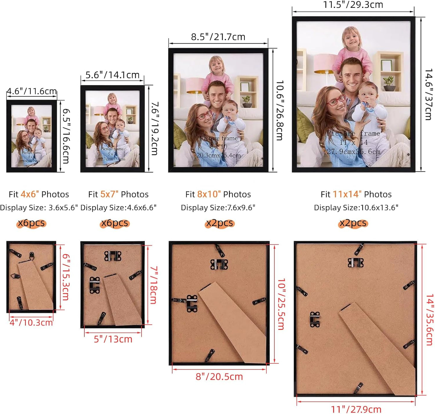 Giftgarden 16 Pack Gold Picture Frames for Multi Sizes Photos, Assorted Set Including Two 11x14, Two 8x10, Six 5x7, Six 4x6, Gallery Collage Frame for Wall or Tabletop Display