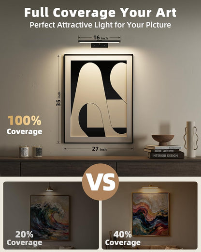 EZVALO Picture Light for Wall, 4800mAh Rechargeable Wireless Remote, 16in Dimmable Magnetic LED Art Display Light with 3 Color Temperatures, for Gallery, Living Room, Bedroom, Hallway (Gold)
