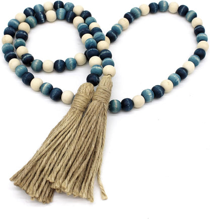 CVHOMEDECO. Wood Beads Garland with Tassels Farmhouse Rustic Wooden Prayer Bead String Wall Hanging Accent for Home Festival Decor. Mix Distressed