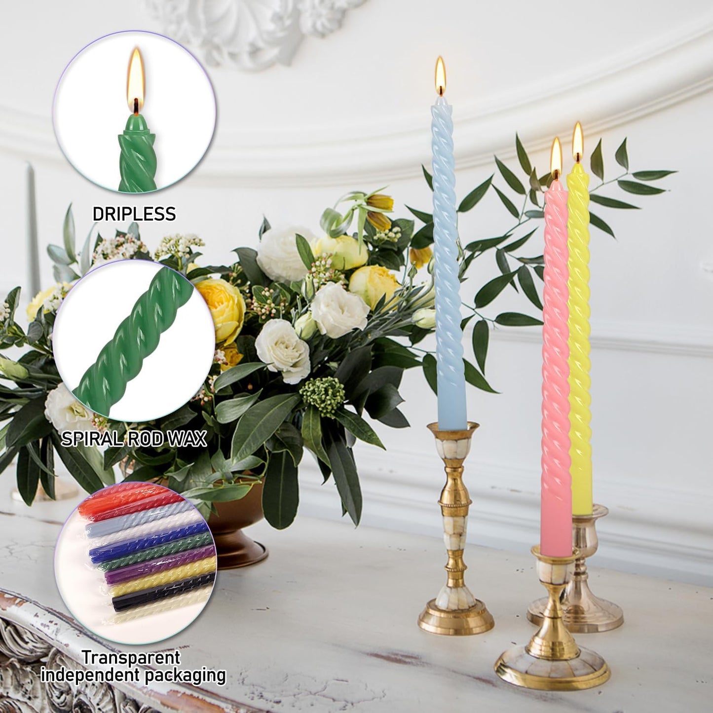 30-Pack 10-Color Taper Candles - 10 Inch Dripless & 10-Hour Burn｜Wedding/Birthday/Home Decor with Premium Wax