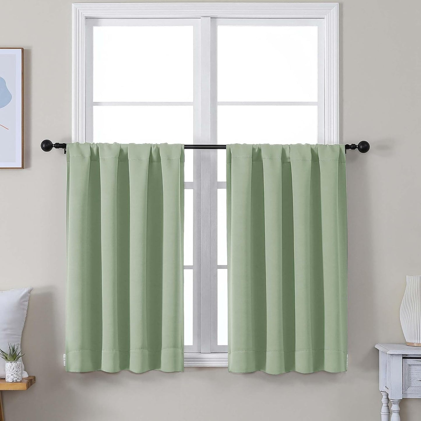 Simplebrand Ava Sage Green Blackout Curtains for Bedroom 63 Inch Length 2 Panels Set, Solid Thermal Insulated Energy Saving Rod Pocket Window Treatment Curtains Blackout Drapes, W40 x L63 Inch, Sage - Colors C