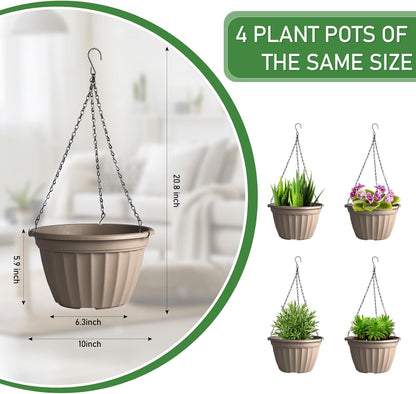 FGstyle Hanging Planters 10 Inch, 4 Pcs Self Watering Pots for Indoor Plants,Plastic Hanging Basket with Soil Elevator and 20" Chain for Home Garden Porch Balcony Patio Decor(Black)
