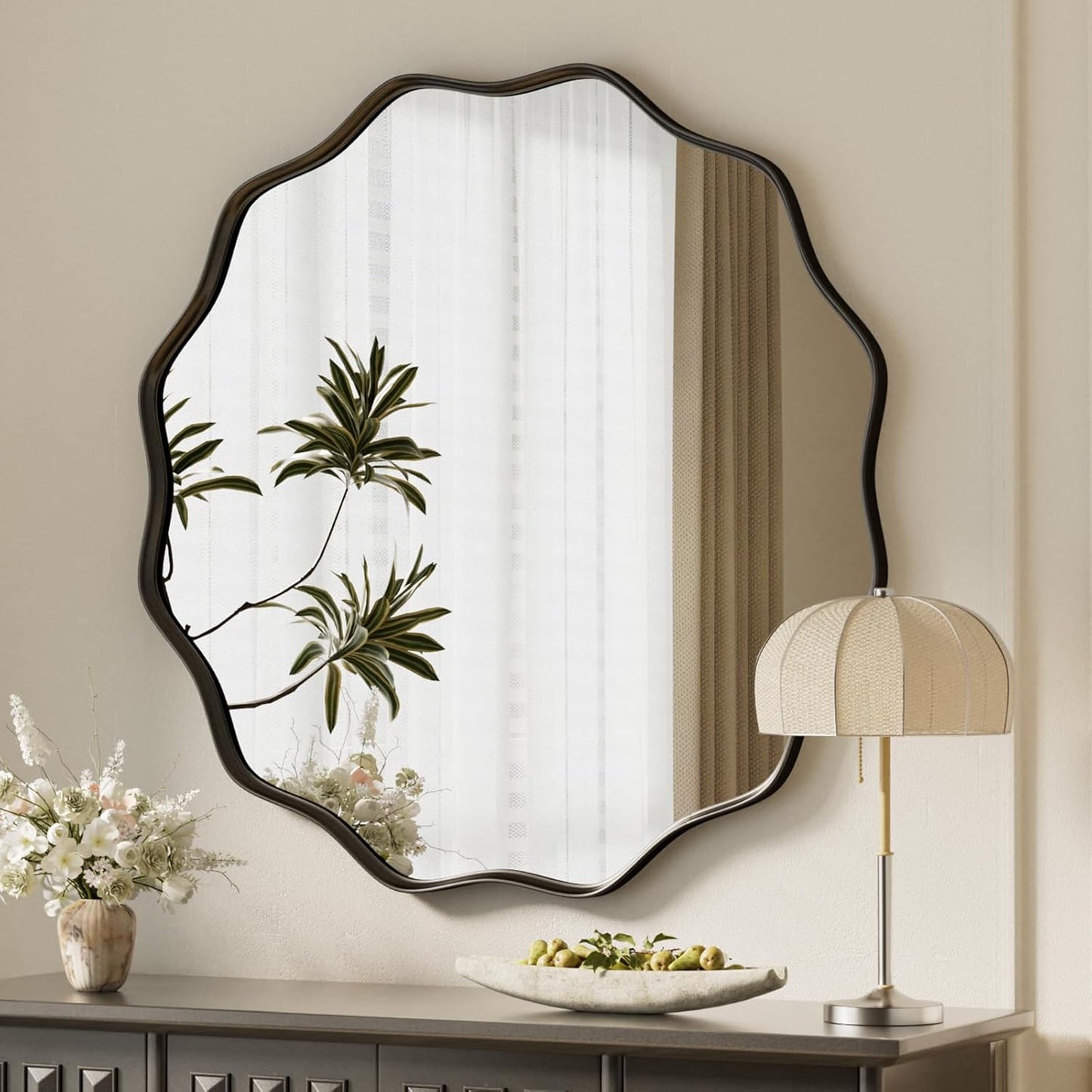VooBang Black Scalloped Large Circle Mirror, 42" Wavy Edge Round Wall Mirror with Tempered Glass Textured Circular Metal Deep Frame, Hanging Leaning for Bathroom, Hallway, Entryway, Livng Room