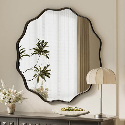VooBang Black Scalloped Large Circle Mirror, 42" Wavy Edge Round Wall Mirror with Tempered Glass Textured Circular Metal Deep Frame, Hanging Leaning for Bathroom, Hallway, Entryway, Livng Room