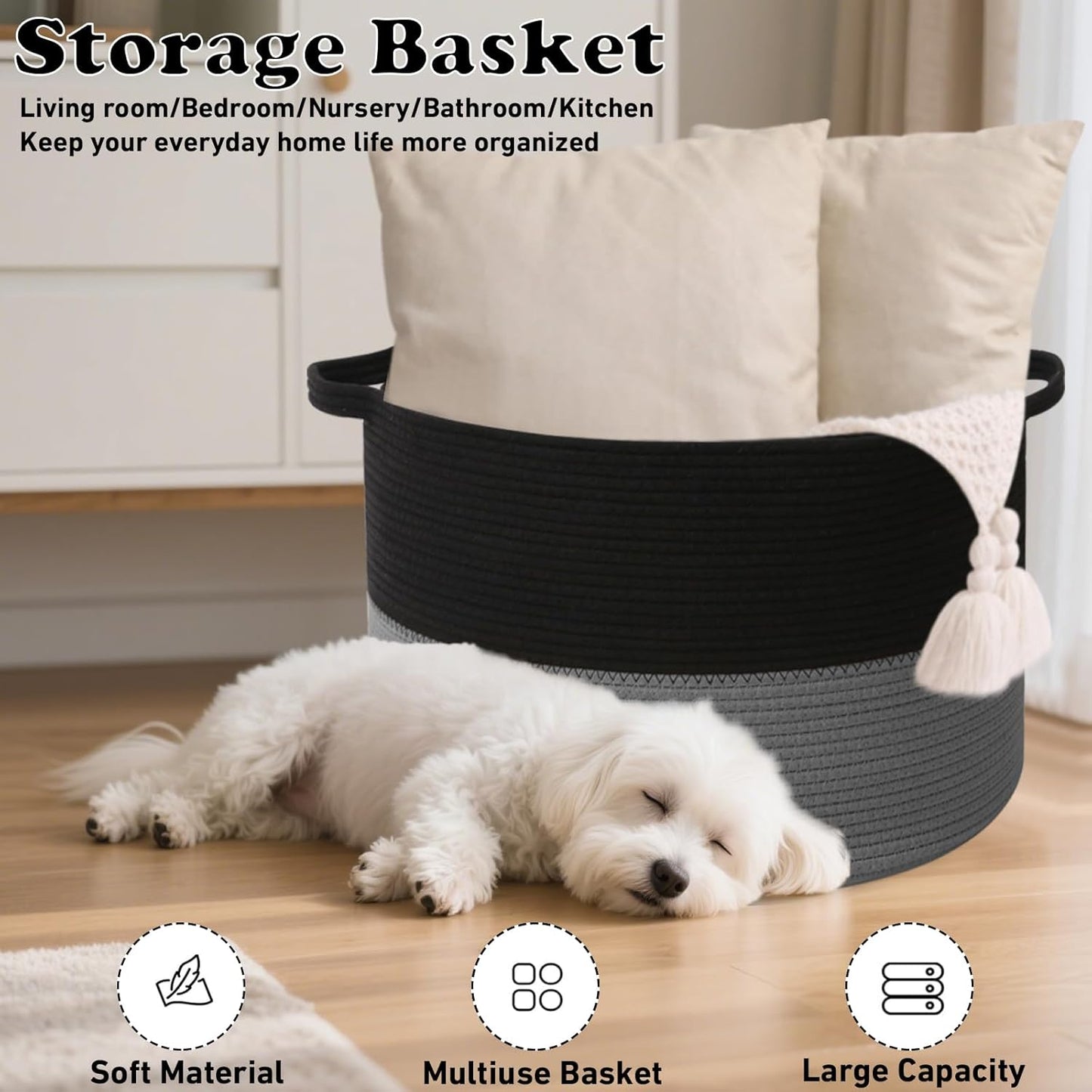 Large Woven Blanket Basket,65L Cotton Rope Laundry Basket Hamper with Handles, Decorative Nursery Basket Storage Bin for Toys, Clothes Organizer, Living Room, Bedroom, Bathroom, White & Brown