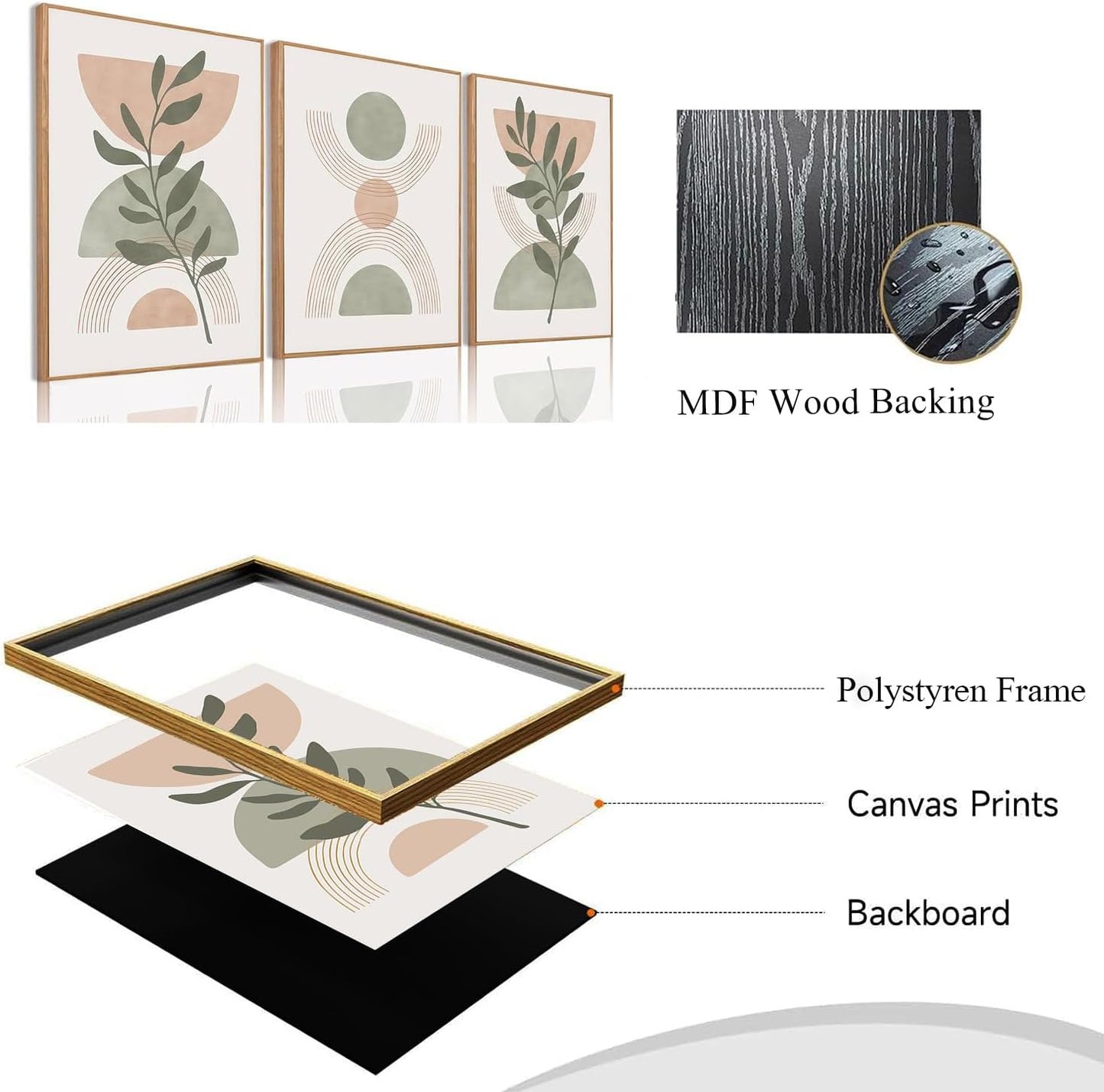 Bwodke Boho Wall Art, Framed Abstract Wall Art, Green Botanical Neutral Canvas Wall Decor, Large Mid Century Plant Pictures Set of 3, Modern Minimalist Paintings, for Bedroom Living Room Bathroom