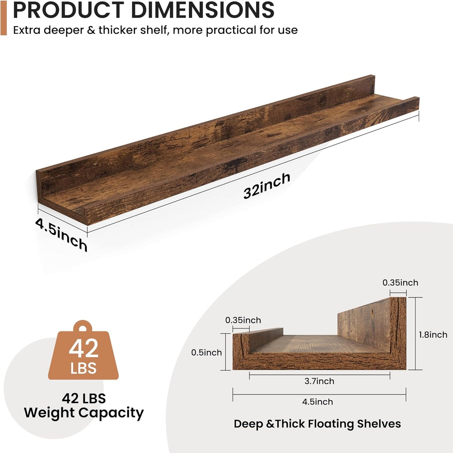 Fun Memories Picture Ledge Shelves Set of 2, 32 Inch Rustic Wall Mounted Floating Shelves with Lip for Home Storage and Décor in Bathroom, Kitchen, Nursery, Bedroom, Living Room, Walnut