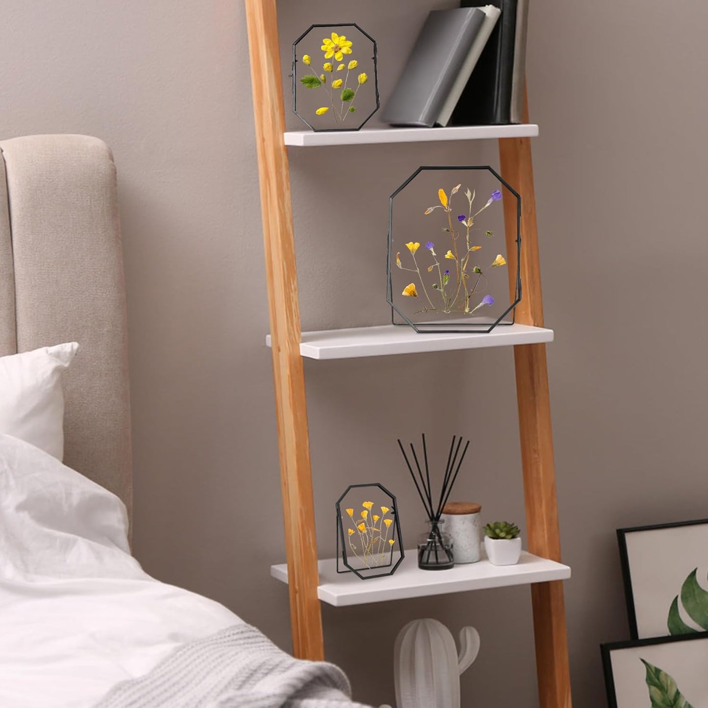 REDHUGO Glass Pressed Flower Frame Handmade, Metal Floating Picture Frame, Double Glass for Tabletop Display, Unique Brass Octagon, Gold, 5x7 Inches (Frame Only)
