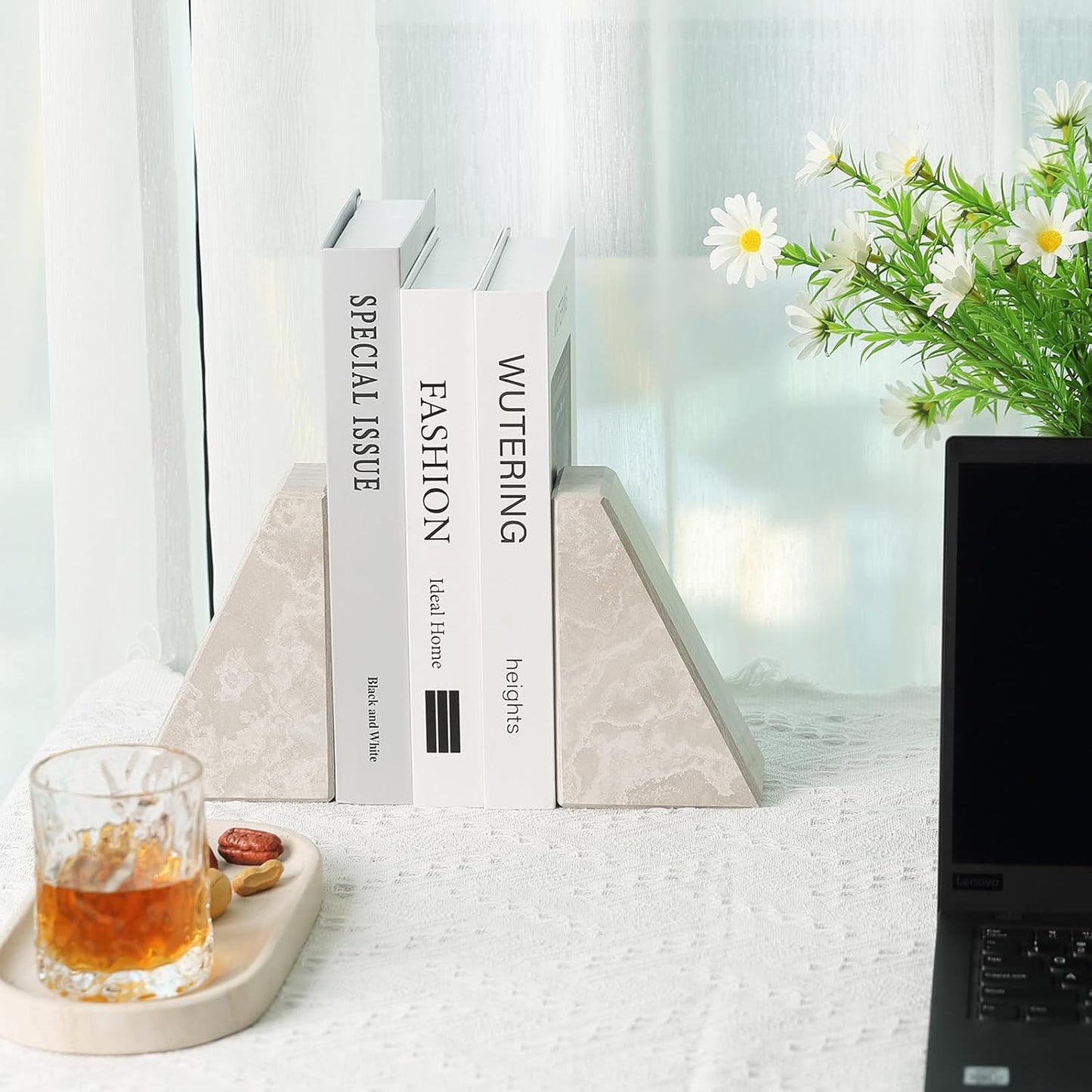Karibiber Travertine Bookends for Heavy Books, Marble Decorative Bookends for Shelves, Heavy-Duty Stone Book Ends for Hardback Book & Cookbooks, Unique Book Stopper & Holder, Travertino Italy
