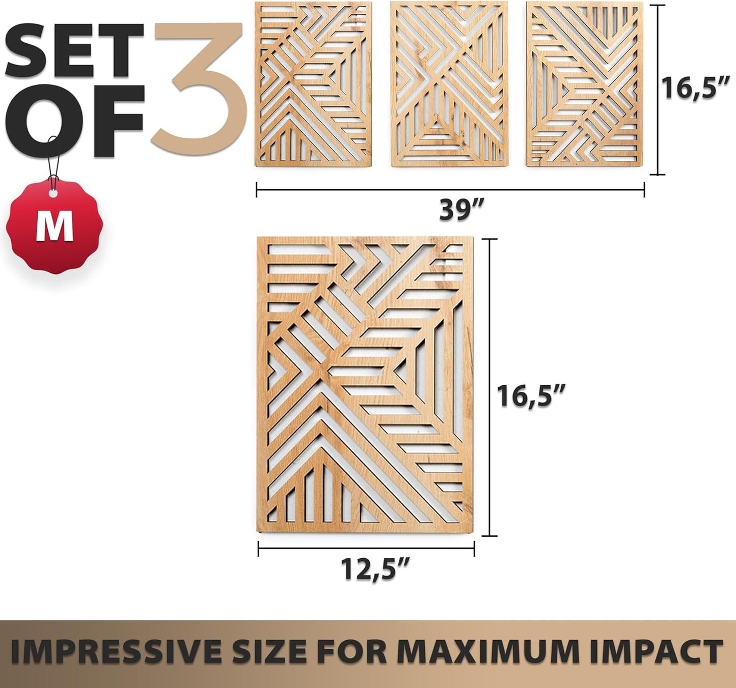 qmmp Modern Wooden Wall Sculptures - Set of 3 - Home Decor Accent - Large Wall Art for Living Room, Bedroom, Office - Easy Installation (Oak, Medium - Mountain and Sun)
