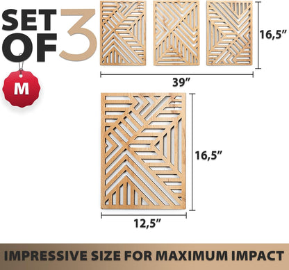 qmmp Modern Wooden Wall Sculptures - Set of 3 - Home Decor Accent - Large Wall Art for Living Room, Bedroom, Office - Easy Installation (Oak, Medium - Mountain and Sun)