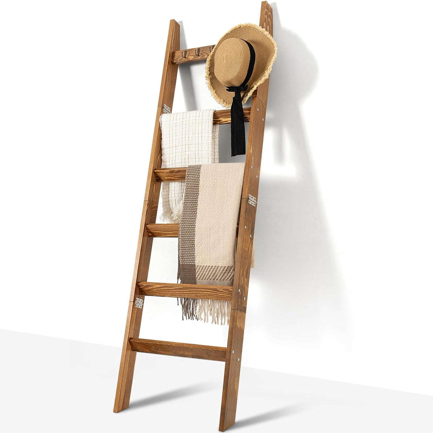 TEAKMAMA 6-Tier Blanket Ladder for Living Room and Bedroom,5.4 Ft Wall Leaning Quilt Rack with Hooks,Rustic Decorative Farmhouse Blanket Storage,Stylish Ladder Holder,Christmas Decorations,Black