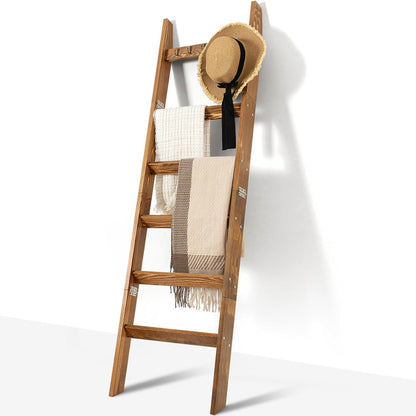 TEAKMAMA 6-Tier Blanket Ladder for Living Room and Bedroom,5.4 Ft Wall Leaning Quilt Rack with Hooks,Rustic Decorative Farmhouse Blanket Storage,Stylish Ladder Holder,Christmas Decorations,Black