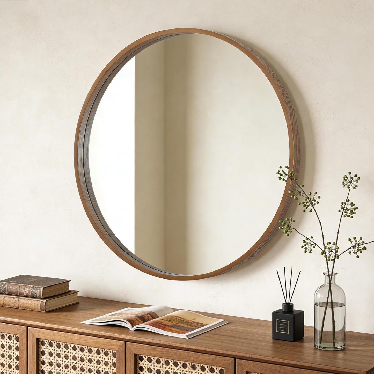 WallBeyond Wood Round Mirror with Wood Frame 24 inch Circle Wall Mirror for Bathroom Round Wall Mirror for Wall Decor, Vanity, Entryway Living Room (Walnut)