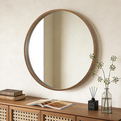 WallBeyond Wood Round Mirror with Wood Frame 24 inch Circle Wall Mirror for Bathroom Round Wall Mirror for Wall Decor, Vanity, Entryway Living Room (Walnut)