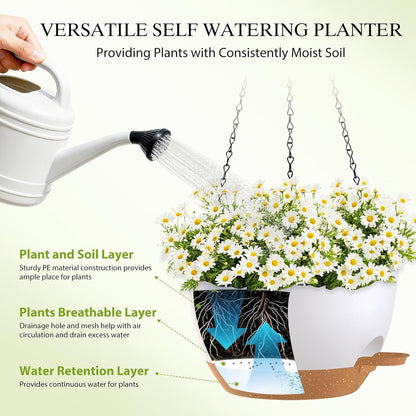 12 Inch Hanging Baskets 2 PC with Chains, Self-Watering Hanging Planters for Indoor Outdoor Plants, Plastic Hanging Flower Pots,Black