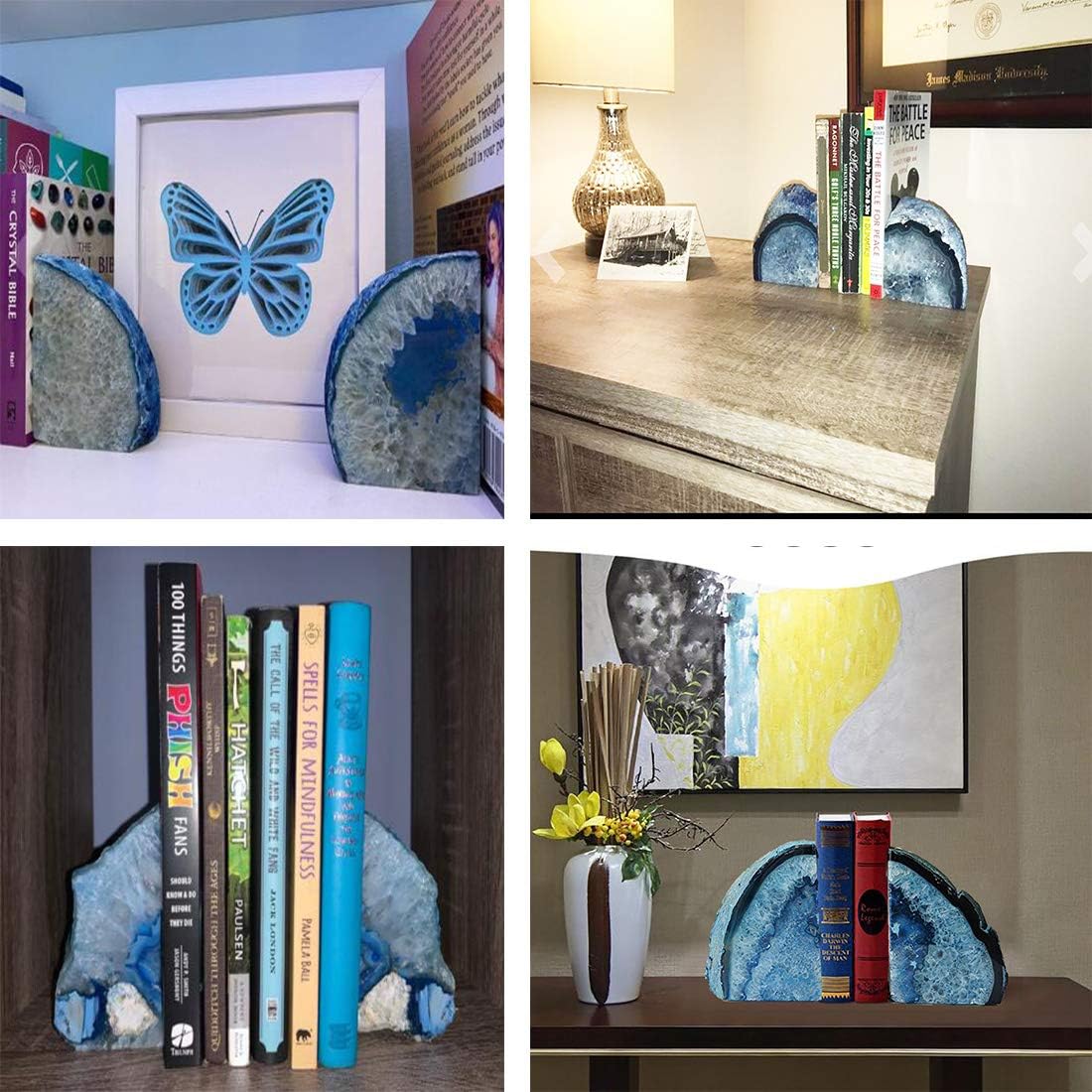 JIC Gem Dyed Blue Agate Bookends Geode Decorative Book Ends for Heavy Books with Rubber Bumpers for Office and Home Decoration Polished Small Size 2 to 3 Lbs