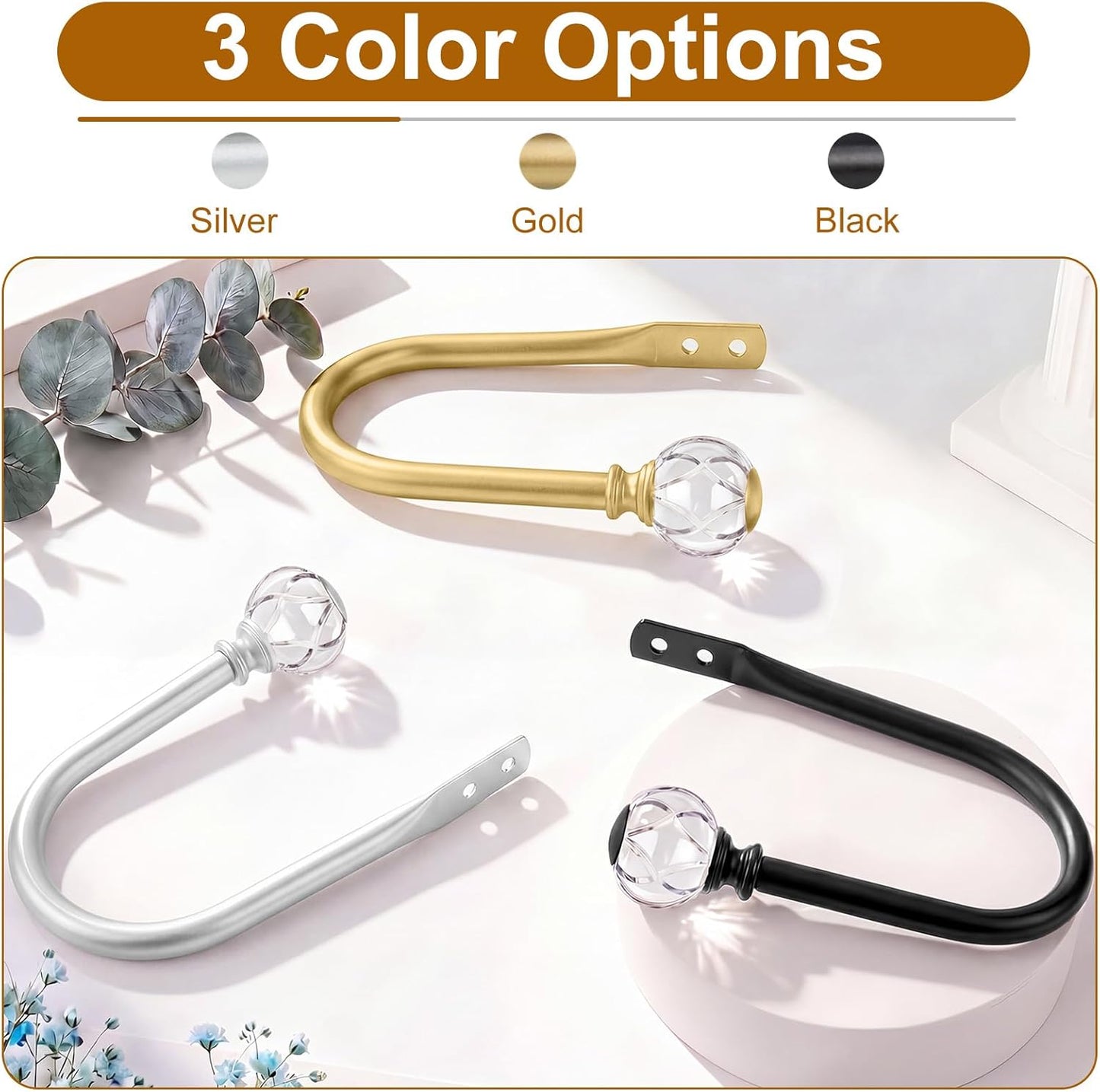 KAMANINA Curtain Holdbacks 2pcs, Gold Curtain Tiebacks, Window Curtains Hooks for Wall, Decorative Holders for Drapes with Crystal Finials(5.4" L × 4.1" W)