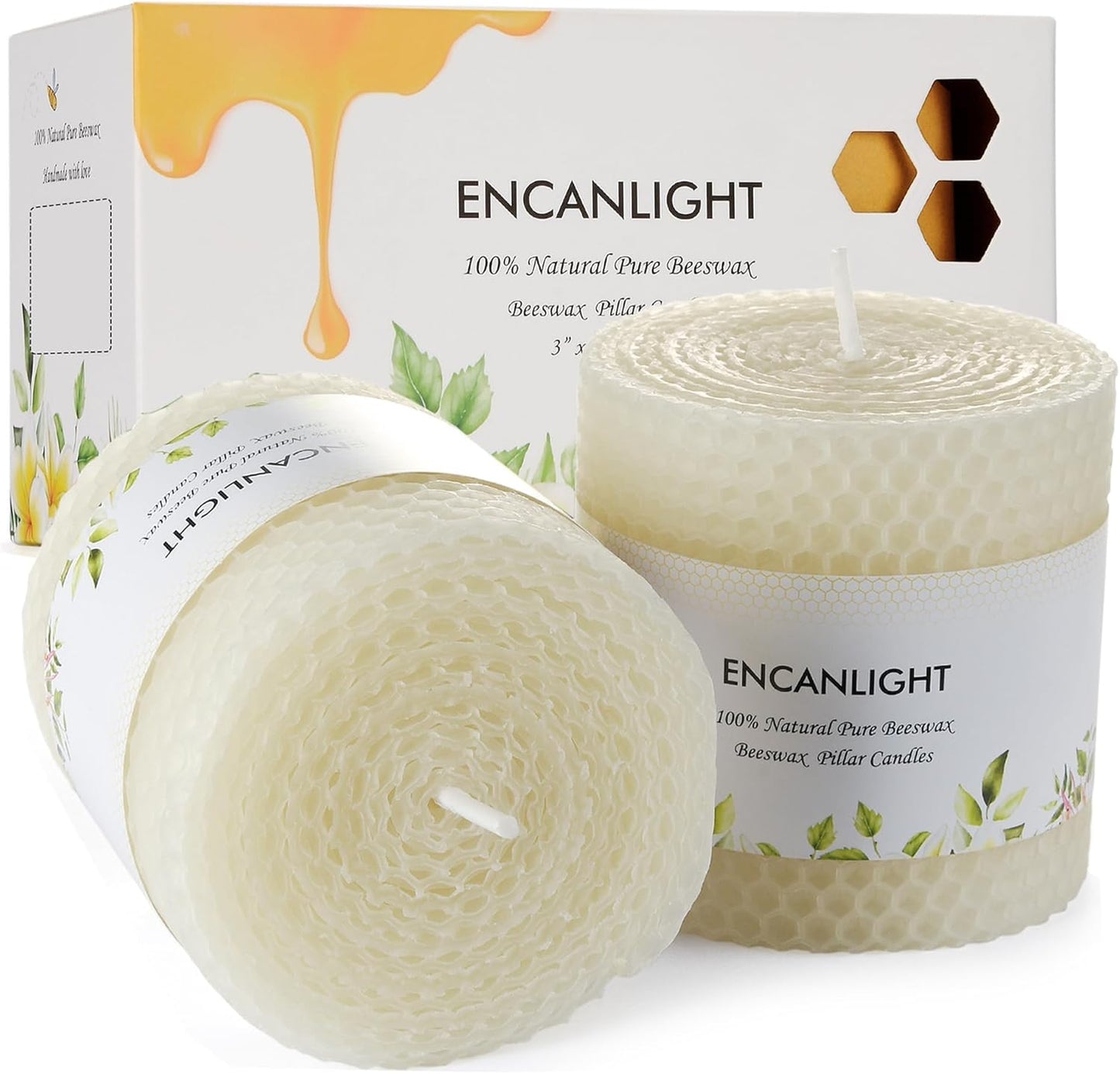 White Roll 2packs Bee swaxs Pillar Candles,Honeycamb Pillar Candle Set of 2 - Dripless and Smokeless,Approx 30 Hours Hurn for Home Decor,Party Wedding, Dinner
