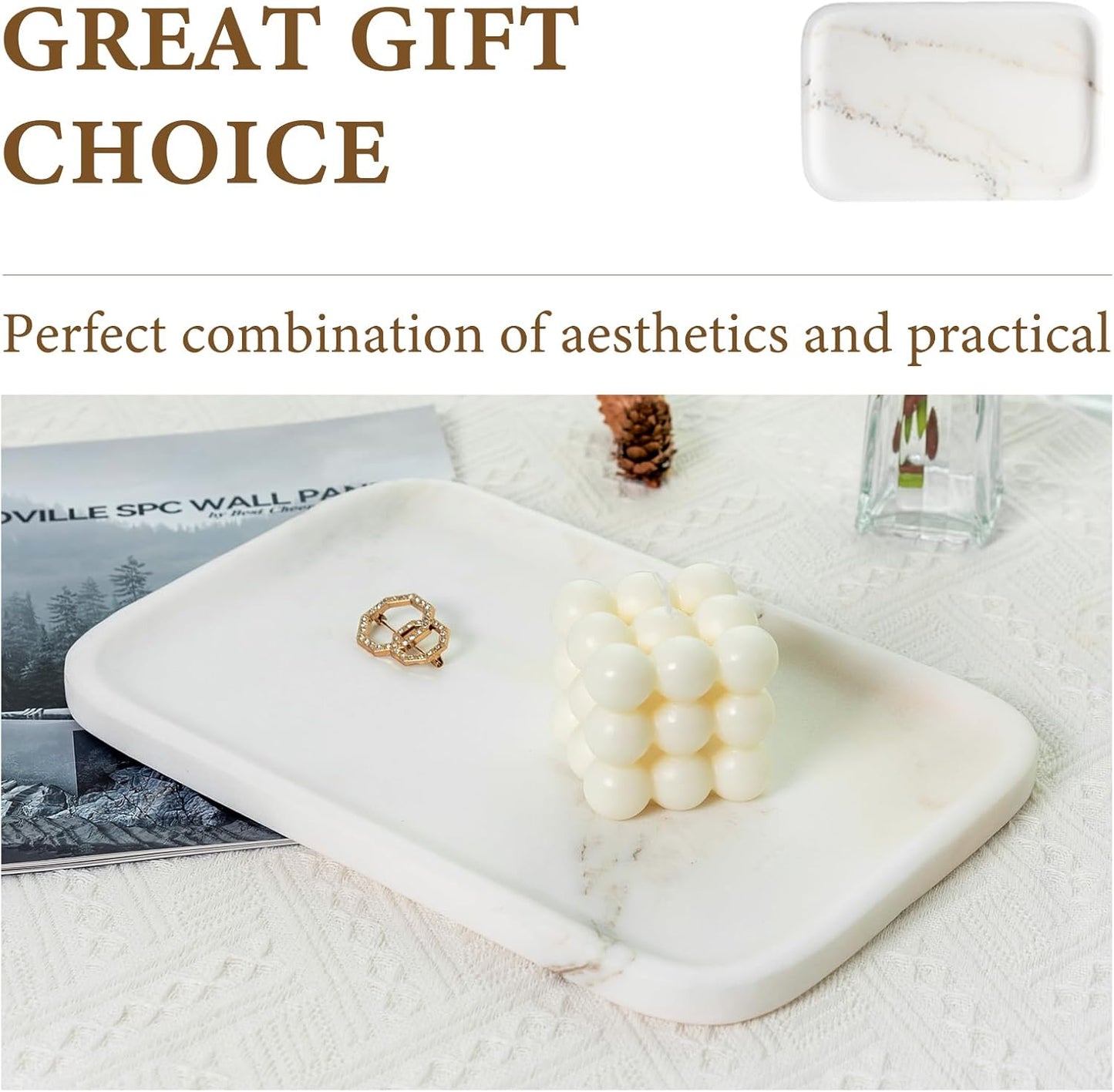 Koville Romano Travertine Tray, 12"x8" Natural Stone Vanity Tray for Countertop Bathroom Kitchen Dresser, Decorative Marble Catchall Trays for Perfume Jewelry, Rectangular Serving Tray(Beige)