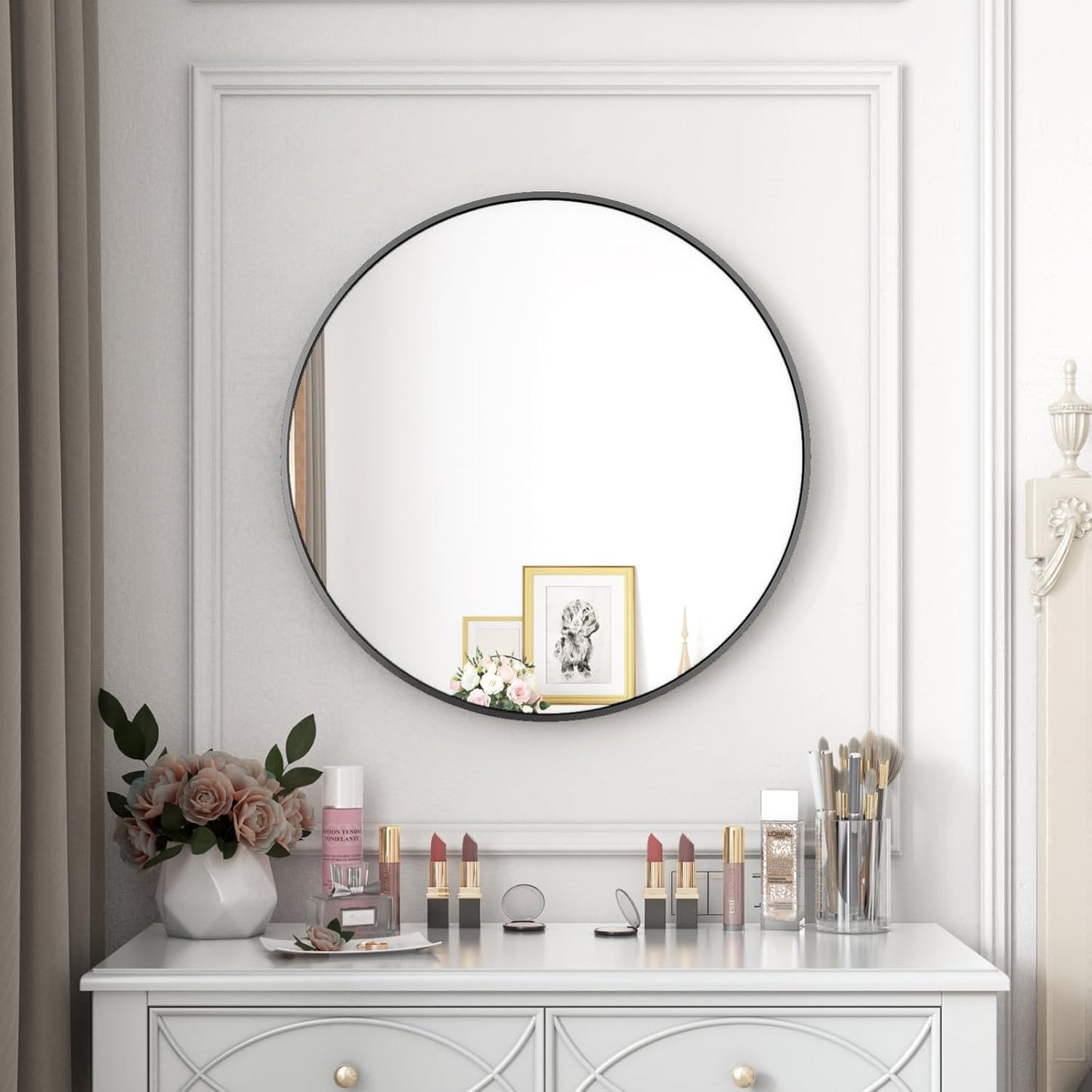 Itrue 12 Inch Small Round Decorative Wall Mirror, HD Silver-Coated Glass with Brushed Black Metal Frame, Minimalist Modern Accent Mirror for Vanity, Narrow Walls, Bathroom, Bedroom & Entryway