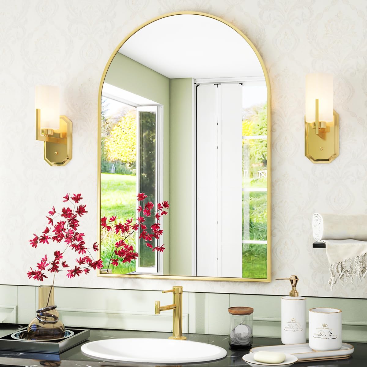 VooBang Arched Wall Mirror, 24 x 36 inch Arch Bathroom Mirror, Wall Mounted Vanity Mirror with Arch Metal Frame, Modern Bathroom Vanity Mirror for Bedroom, Living Room, Hanging or Leaning, Black