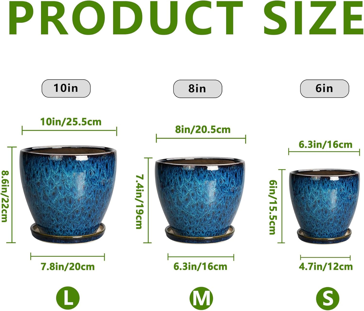 Plant Pots Indoor, Ceramic Planters Pots with Drainage Holes and Saucers, 10+8+6 Inch, Set of 3, Round Large Flower Pots for Indoor Outdoor Plants, Blue